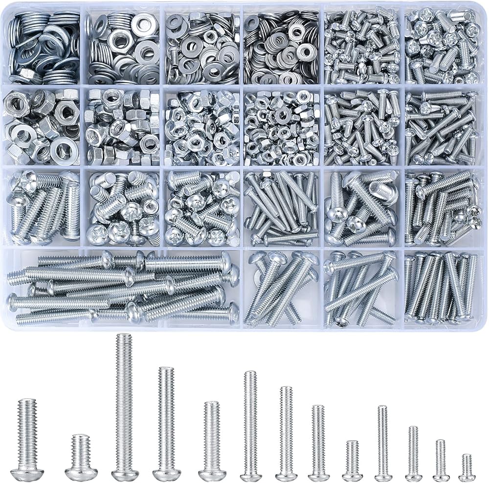 Vwoqiy M3 M4 M5 M6 Screws Nuts Washers Assortment Kit 1080 Pcs Cross Pan Head