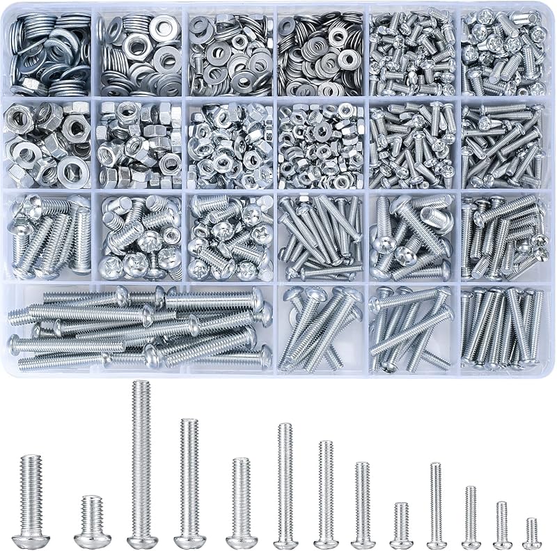 Vwoqiy M3 M4 M5 M6 Screws Nuts Washers Assortment Kit 1080 Pcs Cross Pan Head