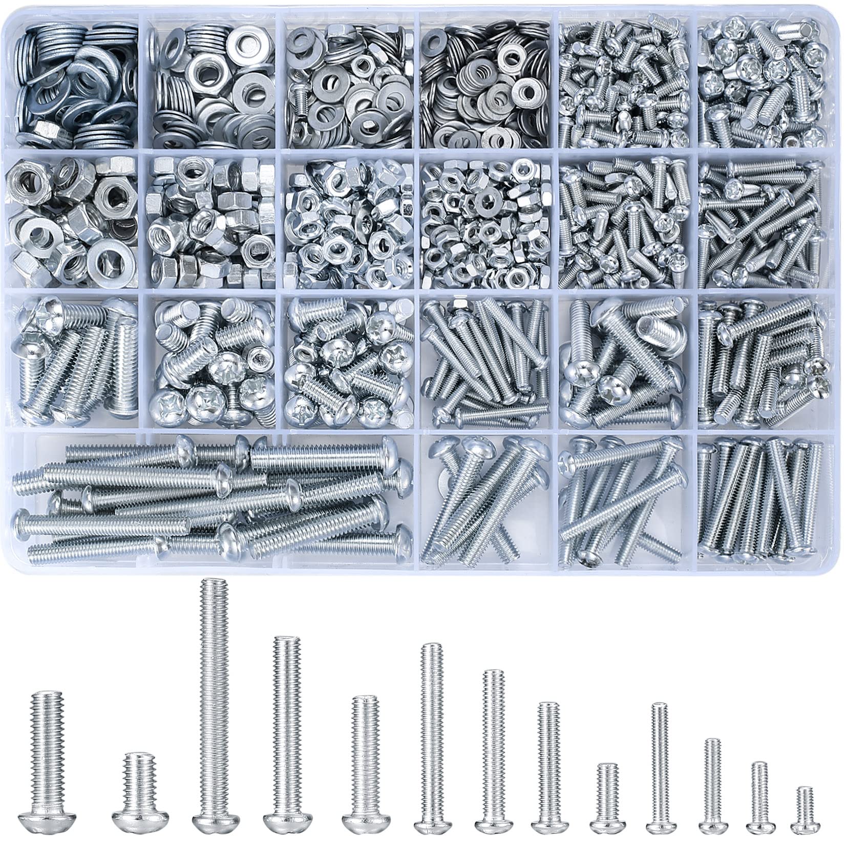 Vwoqiy 1080 Pcs Round Head Screws Nuts Flat Washers Assortment Kit, M3 M4 M5 M6 Cross Pan Head Machine Screws and Hex Bolts and Nuts Sets - 900g/16 Size (silvery 1080) — image 1