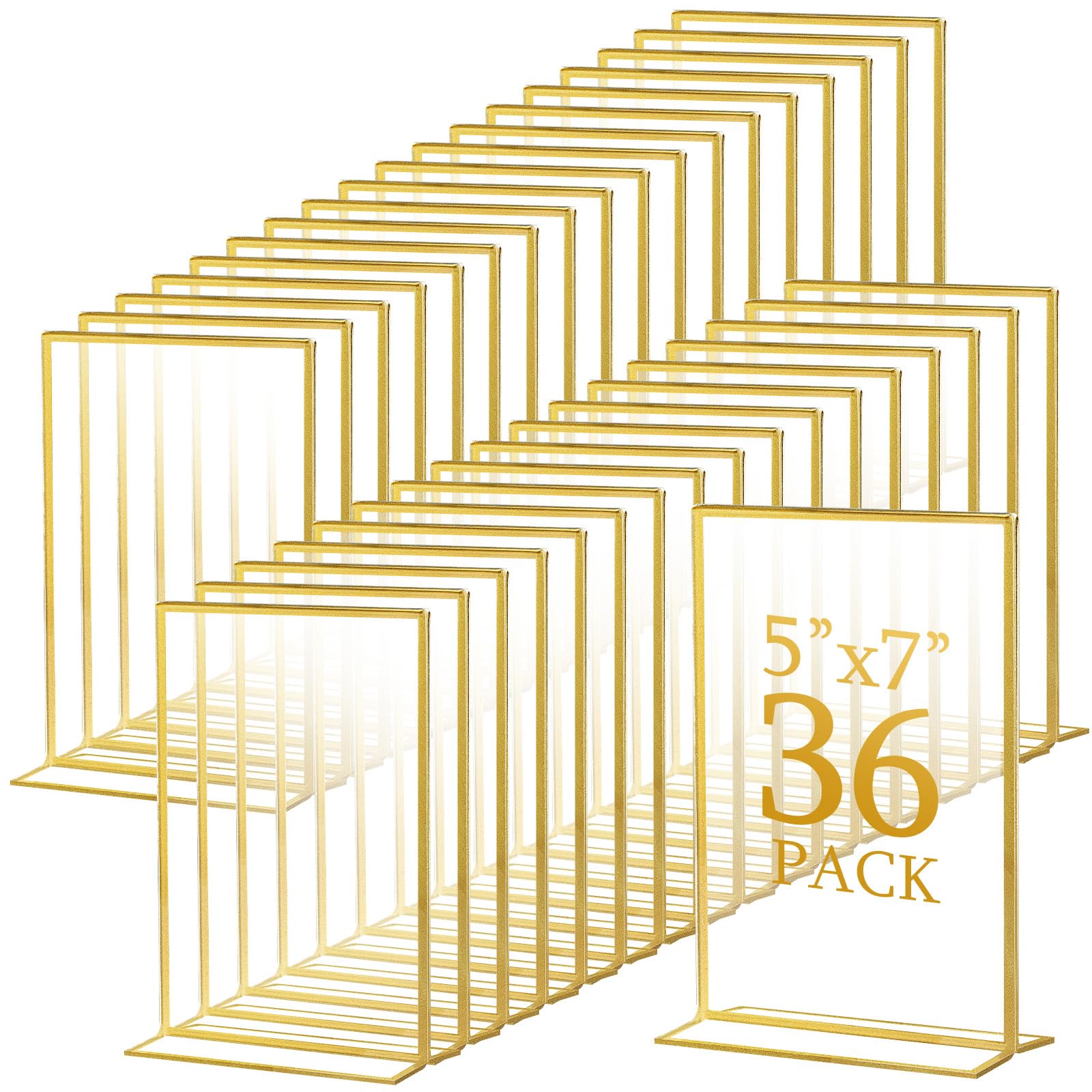 Photo 1 of Hoteam 36 Pack Gold Acrylic Sign Holders, Gold Picture Frames Clear Wedding Table Numbers Double Sided Acrylic Holders for Wedding Restaurant Table Number Photos Menu Cards Art (5 x 7 Inch)