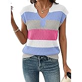 SHEWIN Womens Tops V Neck Short Sleeve Sweater Striped Color Block Pullover Cap Sleeve Shirts