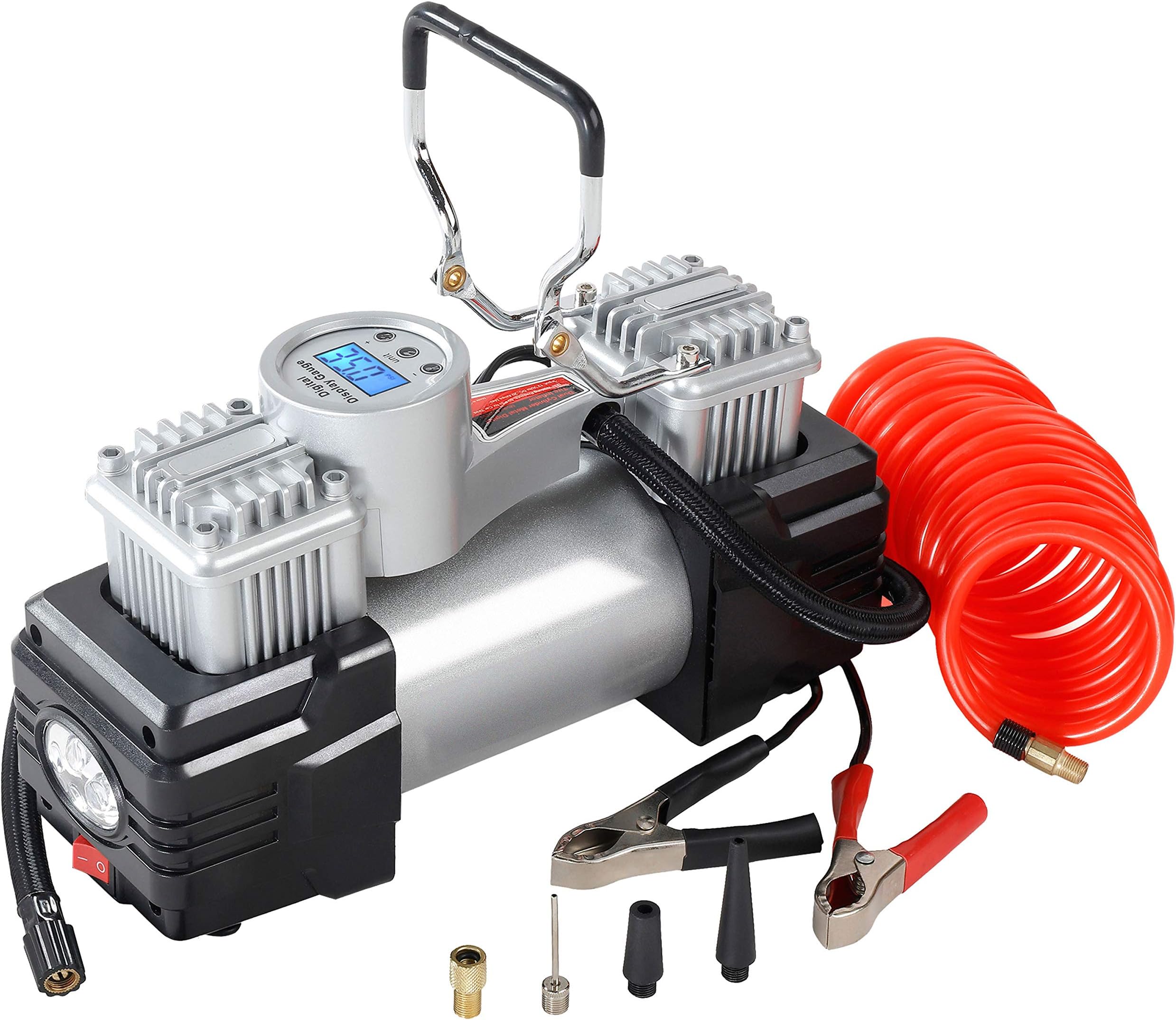 Azoran Dual Cylinder 120PSI Digital Tire Inflator- 12-Volt Portable Auto Air Compressor with 4pc LED Light