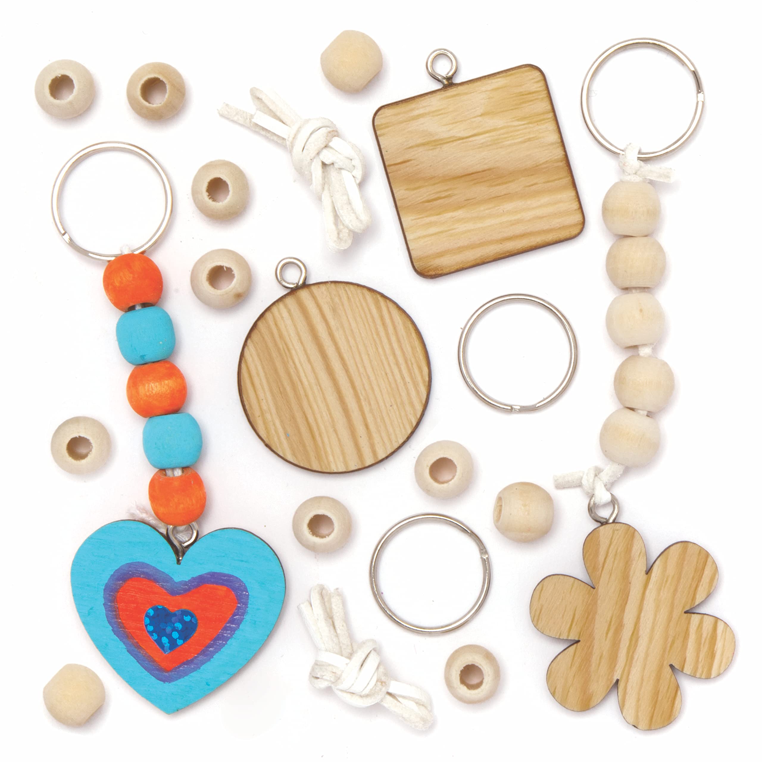 Baker Ross AX678 Wooden Keyring Kits - Pack of 5, Bag Dangler Creative Activities for Kids Arts and Crafts or Keychain Making Projects