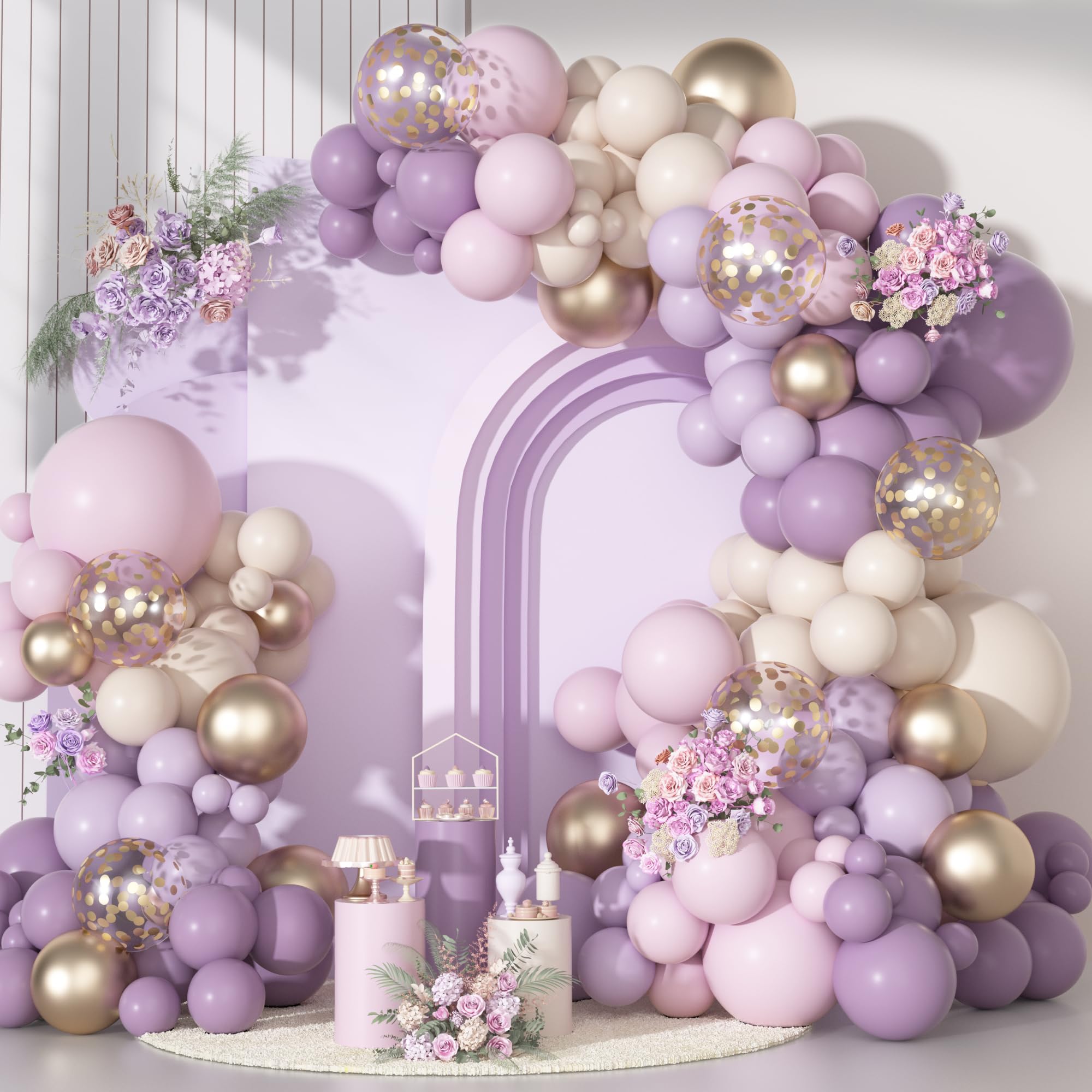 Photo 1 of Ouddy Party Dusty Purple Balloon Arch Garland Kit, Different Sizes 18 12 10 5Inch Purple Pink Lavender Sand Rose Gold Metal Confetti Balloon for Bridal Baby Shower Wedding Birthday Party Decoration
