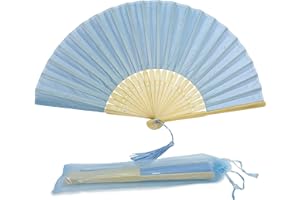 FANSOF.FANS Fabric Handheld Folding Hand Fan With a Tassel Grade A Bamboo Ribs for Women Girls Summer Party Event Favor Birthday Wedding Souvenir Gift (Baby Blue)