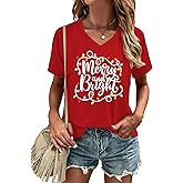 HQP Christmas Shirts for Women: Merry Christmas V Neck T Shirt Xmas Tree Graphic Tees Christmas Vacation Short Sleeve Tops