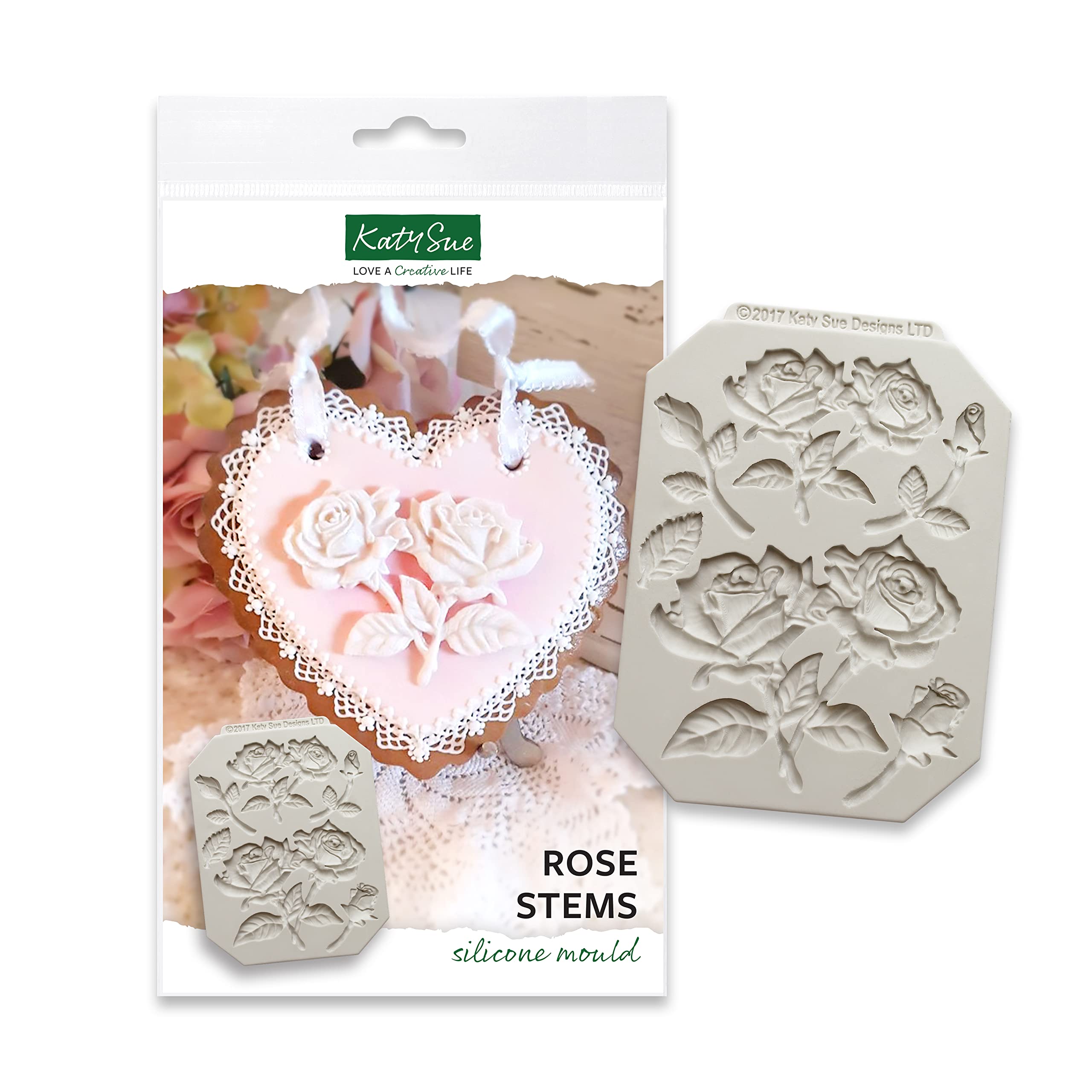 Katy Sue Rose Stems Silicone Mould for Cake Decorating & Craft. Makes Bas Relief Roses, Buds & Stems. Largest 60 Millimetres & Buds 40 Millimetres Use with Fondant, Sugar Paste & Air Dry Clay. UK Made