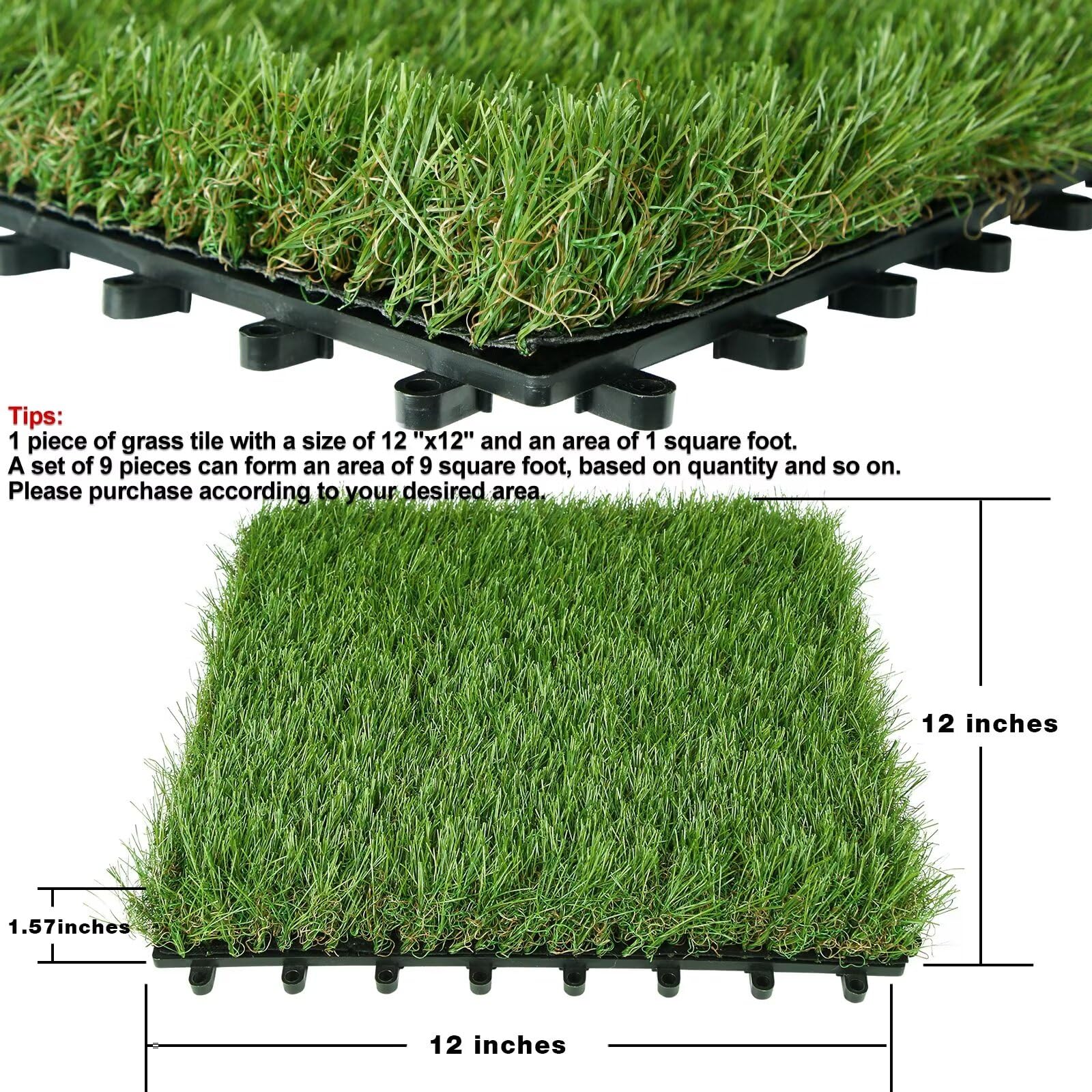 XLX TURF Outdoor Artificial Grass Tiles Interlocking Turf Squares 9 Pack, 12
