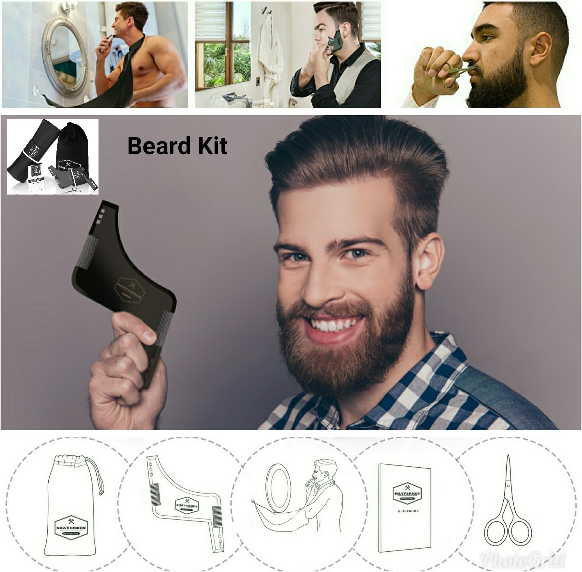 Beard Catcher + Shaping Toll + Scissors Kit by Shavermen. Quality Beard Template Tool Set for Long and Short Beard for Men