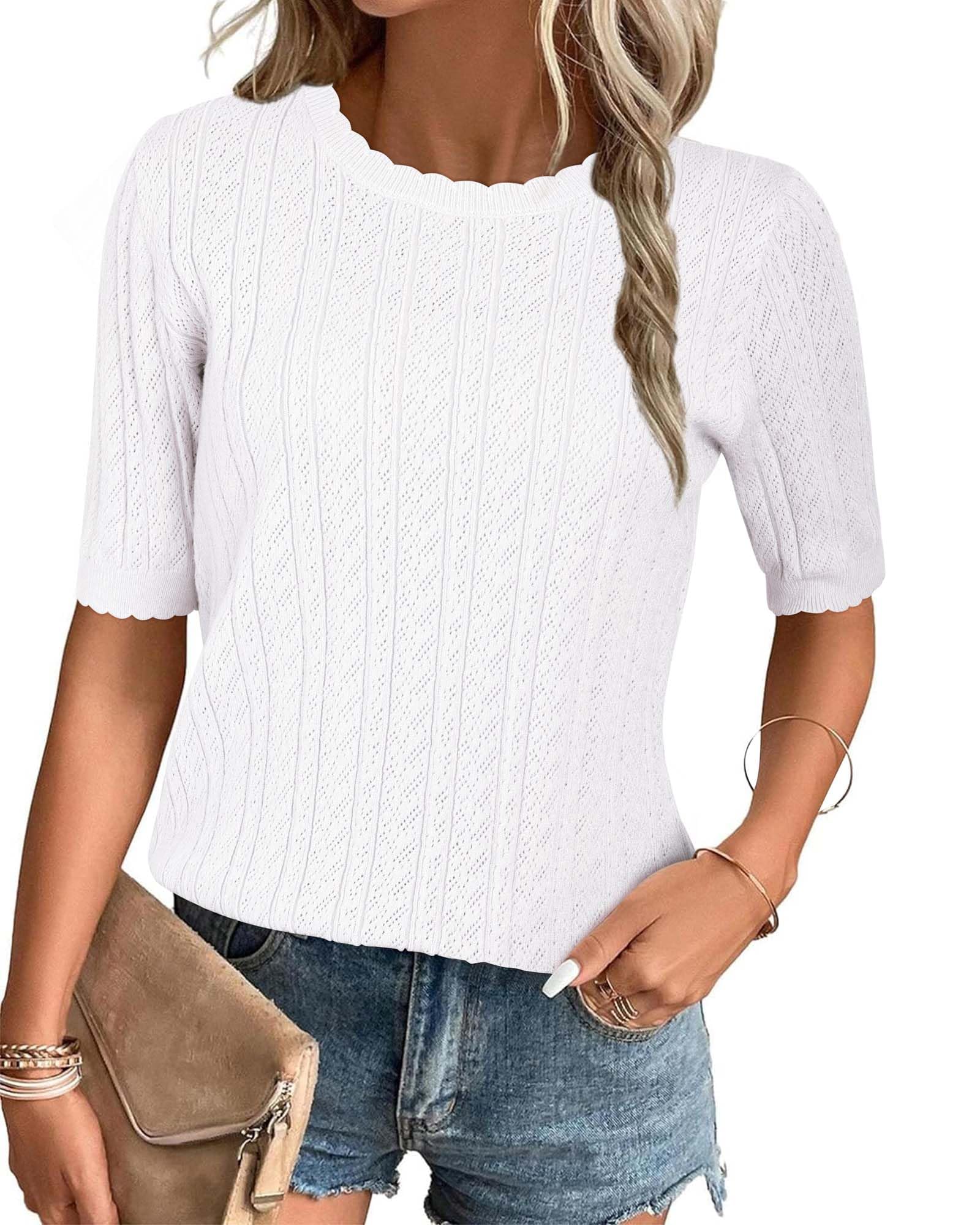 Arach&Cloz Womens Summer Fall Sweater 2025 Tops Business Trendy Dressy Short Sleeve Casual Blouses Outfits Crew Neck Fashion Clothes Knit Pullover Cute Shirts Plus Size Vacation Resort Wear White