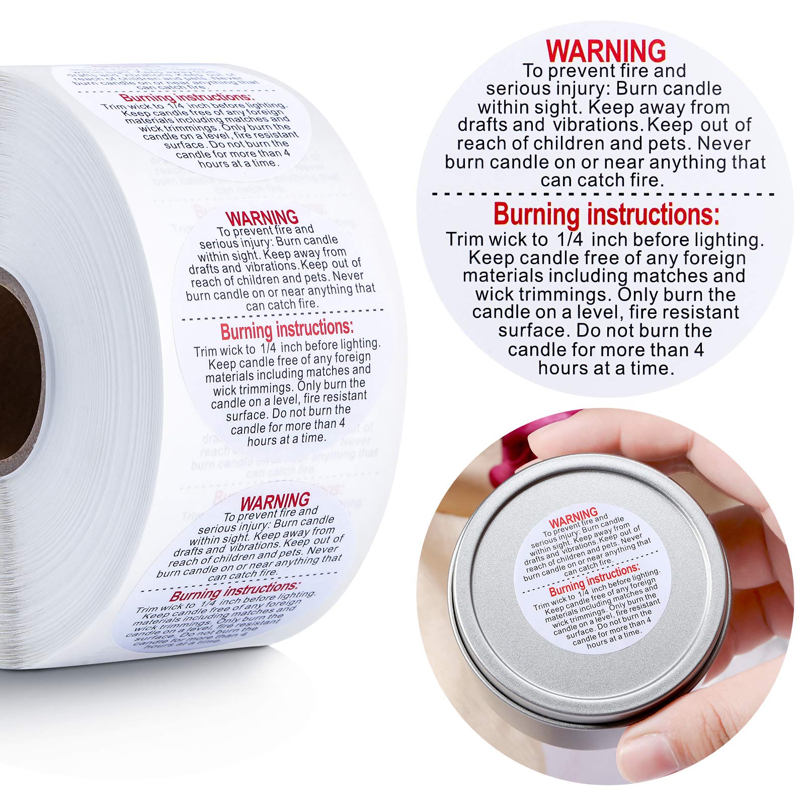 Zonon 1000 Pcs Candle Warning Labels, 1.5 Inch Waterproof and Oil-Proof Safety Stickers for Jars, Tins & Votive, Essential Candle Making Supplies for Small Business(White)