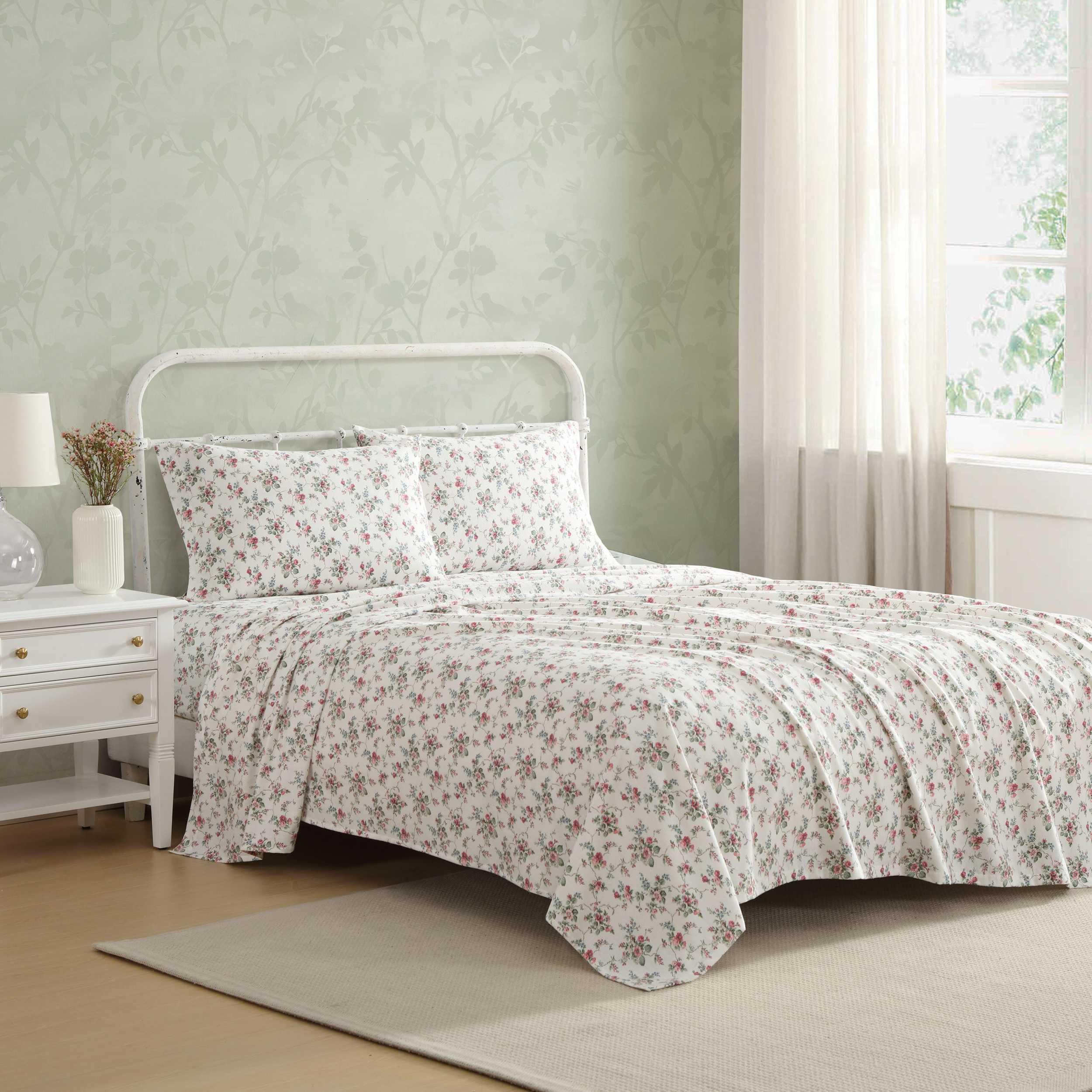 Laura Ashley - Flannel Sheets Queen Size, Anti-Pilling & Wrinkle Resistant Cotton, Touchably Soft for All-Season Comfort - Bed Sheets with Matching Pillowcases & Fitted Sheet (Le Fleur Pink) Image