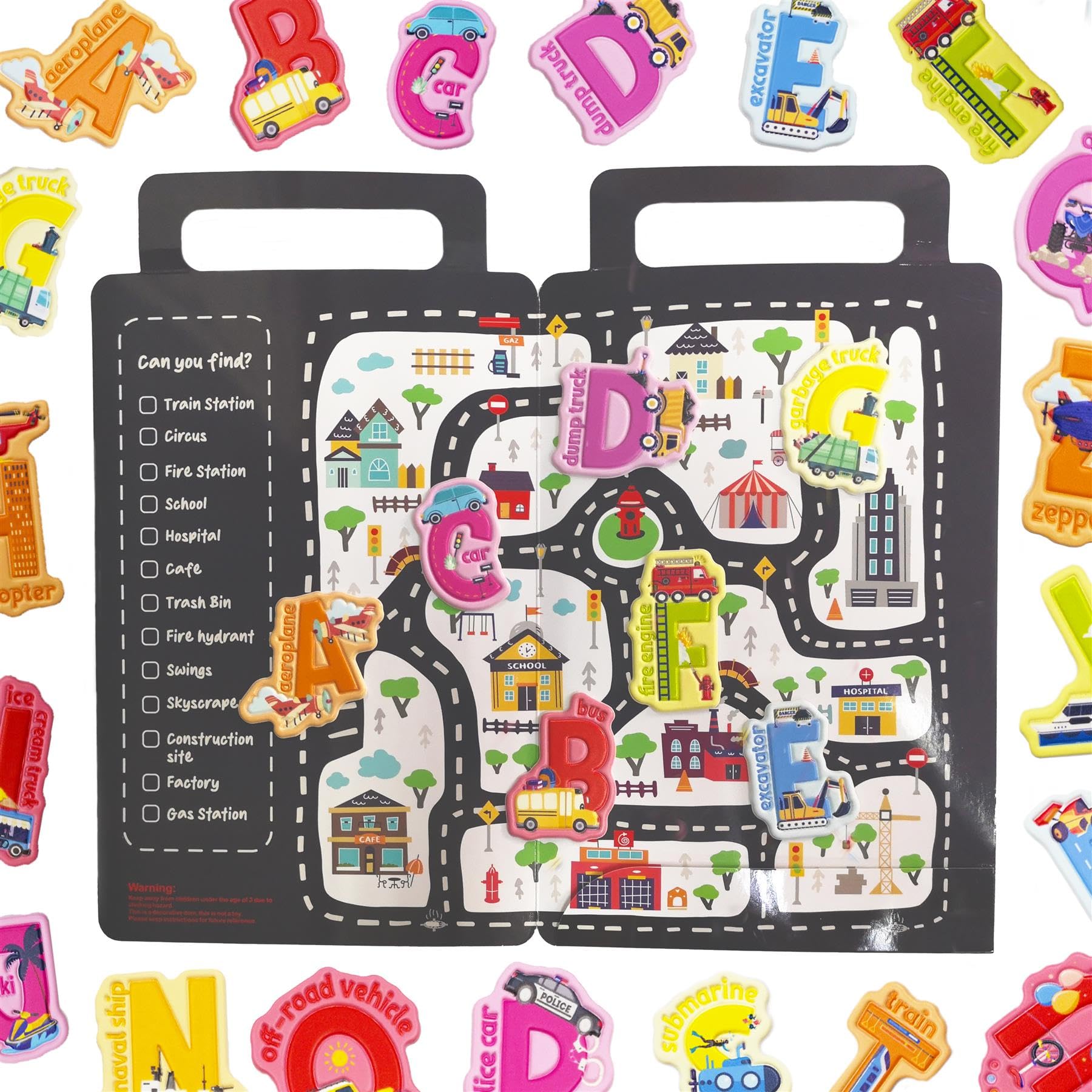 WALPLUS Puffy Stickers for Toddlers Alphabet Stickers for Kids Reusable Stickers for Toddlers Removable Stickers for Party Bags A to Z Transportation Alphabet Vehicle Stickers 28 PCS