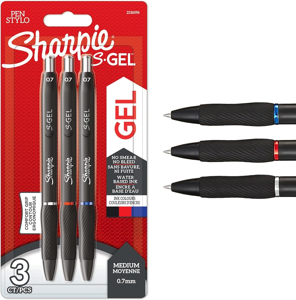 Sharpie S-Gel Gel Pens Medium Point 0.7mm Black Red Blue 3 Count
