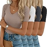 Neer 4 Pack Women's V Neck T-Shirts Cotton Short Sleeve Ribbed Slim Fit Tops Casual Summer Basic Tee Multipack