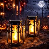 Halloween Solar Lanterns Outdoor 2Packs 4 Lighting Modes USB-C Rechargeable | Waterproof Solar Flickering Flame Lanterns with Stands, Dual Charging Lantern Lights for Tree Porch Yard Patio Garden Decor
