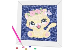 Miairivy Diamond Painting for Kids, 5D Animal Diamond Art Mini Small Kit(with Wooden Frame), DIY Cute Cat Big Gem Painting Set, Paint by Diamonds Crafts for Girls Boys Ages 4-12
