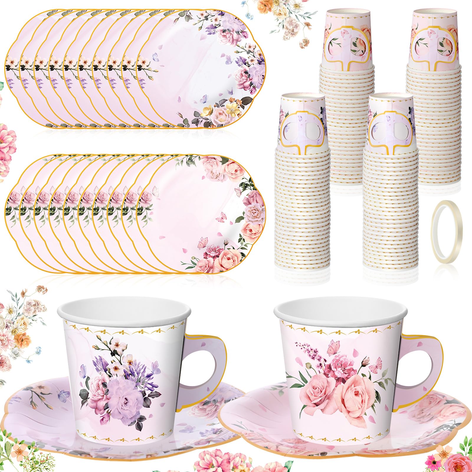Photo 1 of Umigy Tea Party Decorations 6.5oz Floral Paper Tea Cups with Handle and Plates Disposable Blossom Teacups and Saucers Sets with Tape for Hot Cold Drink Birthday (Elegant Style,36 Sets)