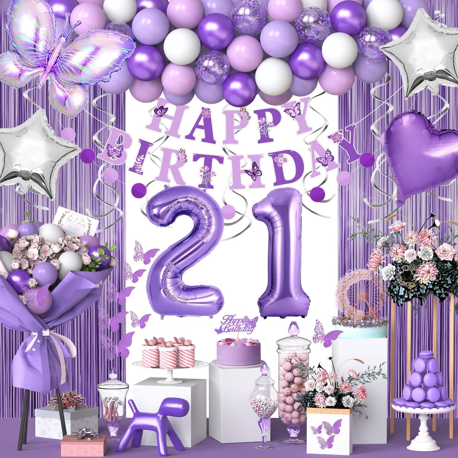 Photo 1 of 21st Purple Birthday Decorations for Women, Purple Pink 21st Birthday Decorations Butterfly Theme Lavender Party Decor Set with Number Balloons, Banner, Sash, Butterfly Stickers