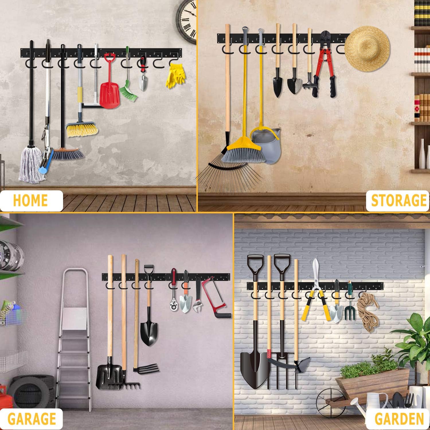 64 Inch Garage Hooks Tool Organizer Wall Mounted, Adjustable Storage System Wall Organizer for Garden Tools, Heavy Duty Tool Hanger for Rake, Mop, Broom and Yard Tools - - 