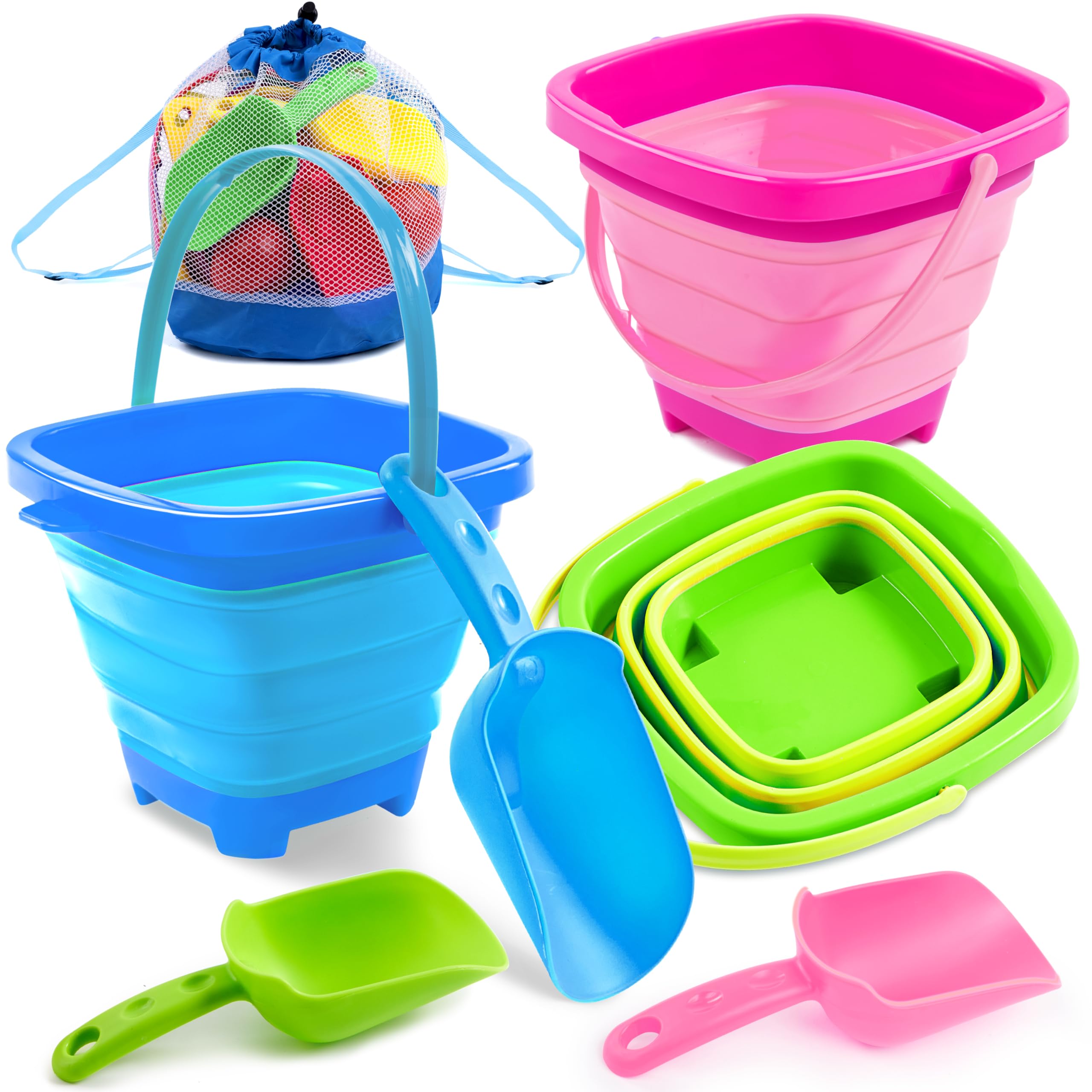 Sloosh 3-Pack Collapsible Sand Toys - Square Foldable Pail Silicone Beach Water Bucket with 3 Shovels for Sandbox Play, Party in Summer Portable Toddler Kids Toys Beach Travel (Pink/Blue/Green)
