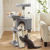 Feandrea Cat Tree, 45.3-Inch Cute Cat Tower, Climbing Condo, Light Gray | with 4 Sisal Scratching Posts, 2 Perches, Spacious Cave, Scratching Ladder, Plush Toy Balls for Indoor Cats, Easy to Assemble