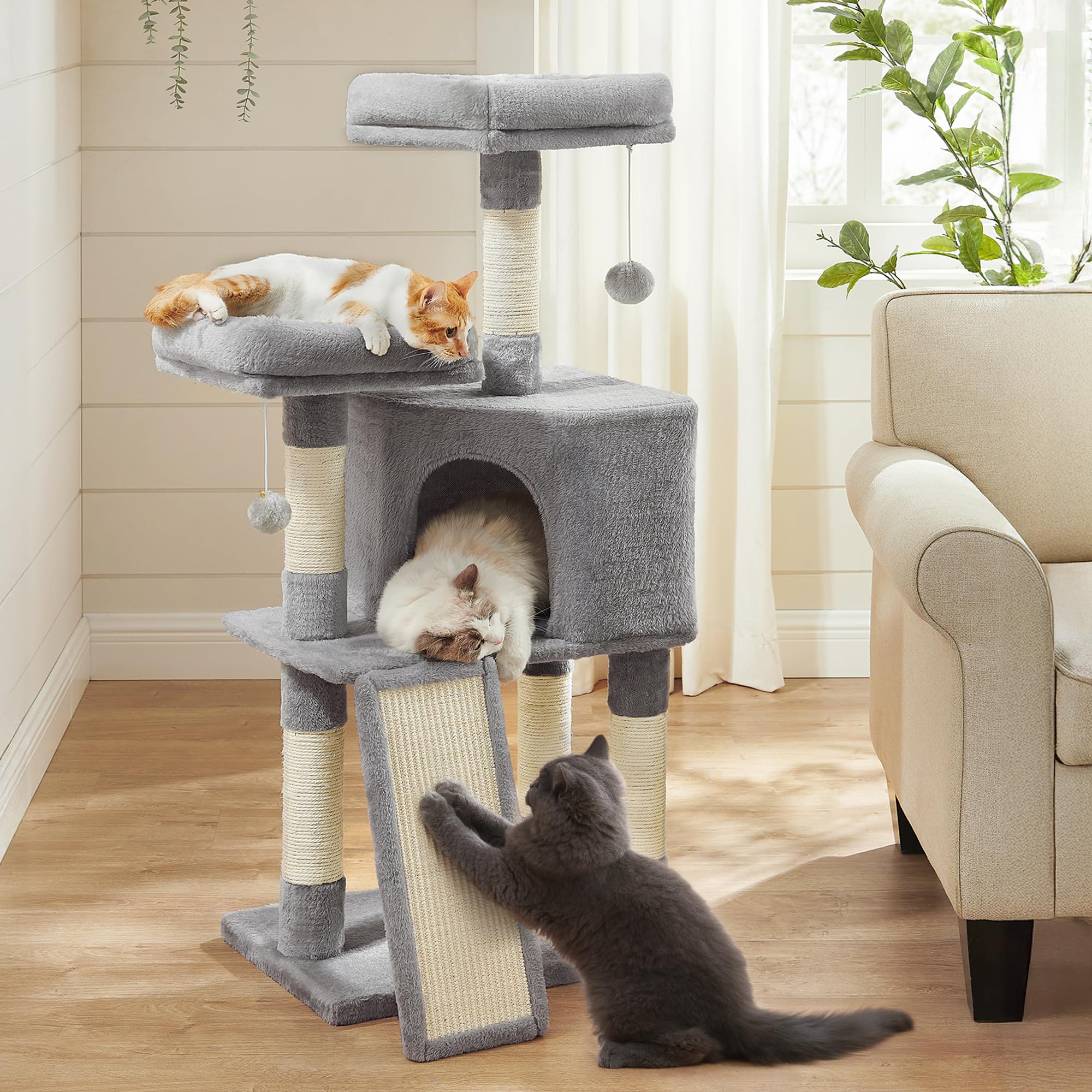 Photo 1 of Feandrea Cat Tower, Cat Tree for Indoor Cats, 45.3-Inch Cat Condo with Scratching Post, Ramp, Perch, Spacious Cat Cave, for Kittens, Elderly Cats, Adult Cats, Small Space, Light Gray UPCT141W01