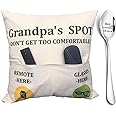 ZUYUROU Grandpa Gifts,2-Pocket Grandpa’s Spot Throw Pillow Covers 18x18 Inch + Engraved Spoon, Fathers Day Birthday Christmas Thanksgiving Day Gifts for Papa, Granddad