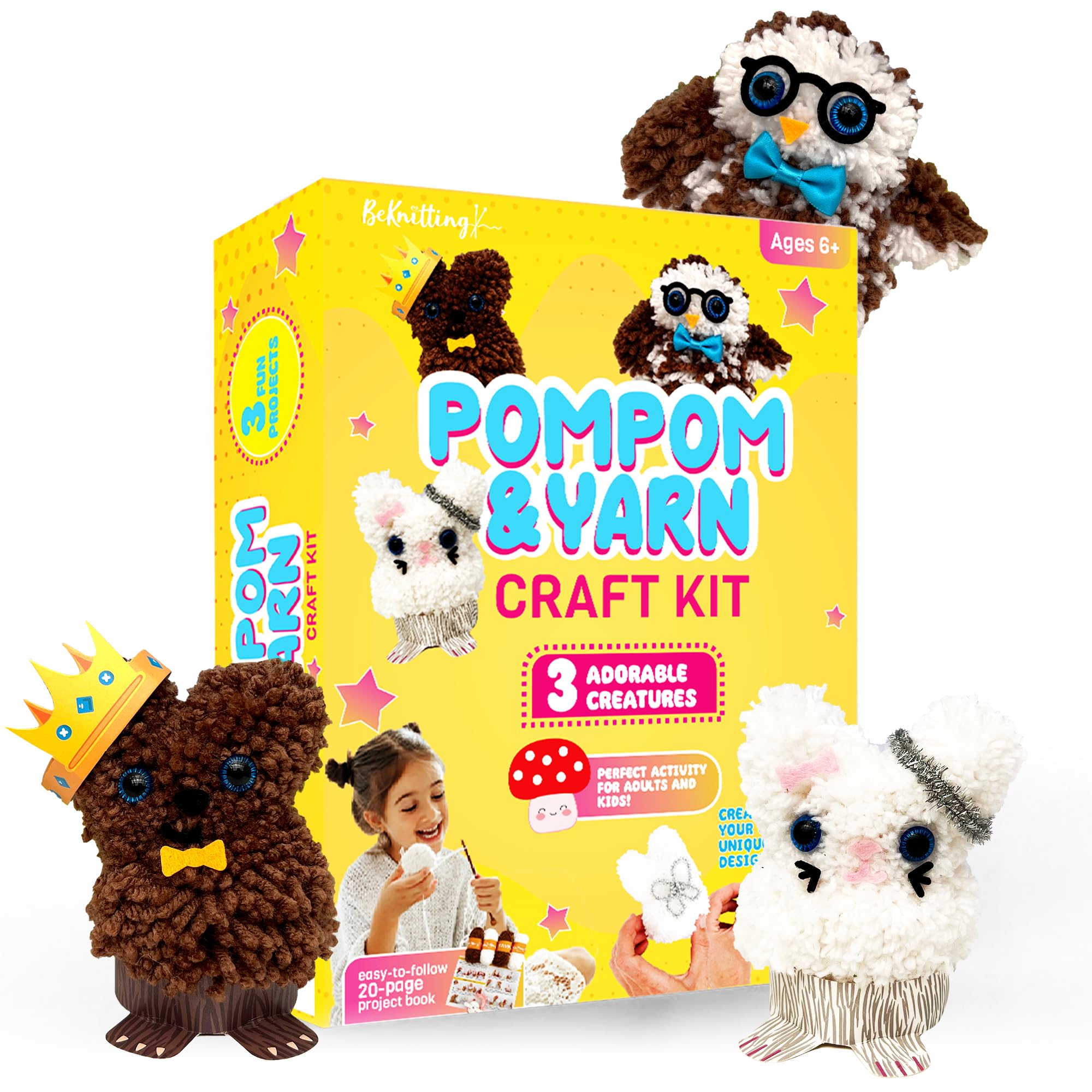 BeKnitting Pompom Maker DIY Craft Kit for Kids - Complete with Yarn, Pom pom Makers, & Stickers