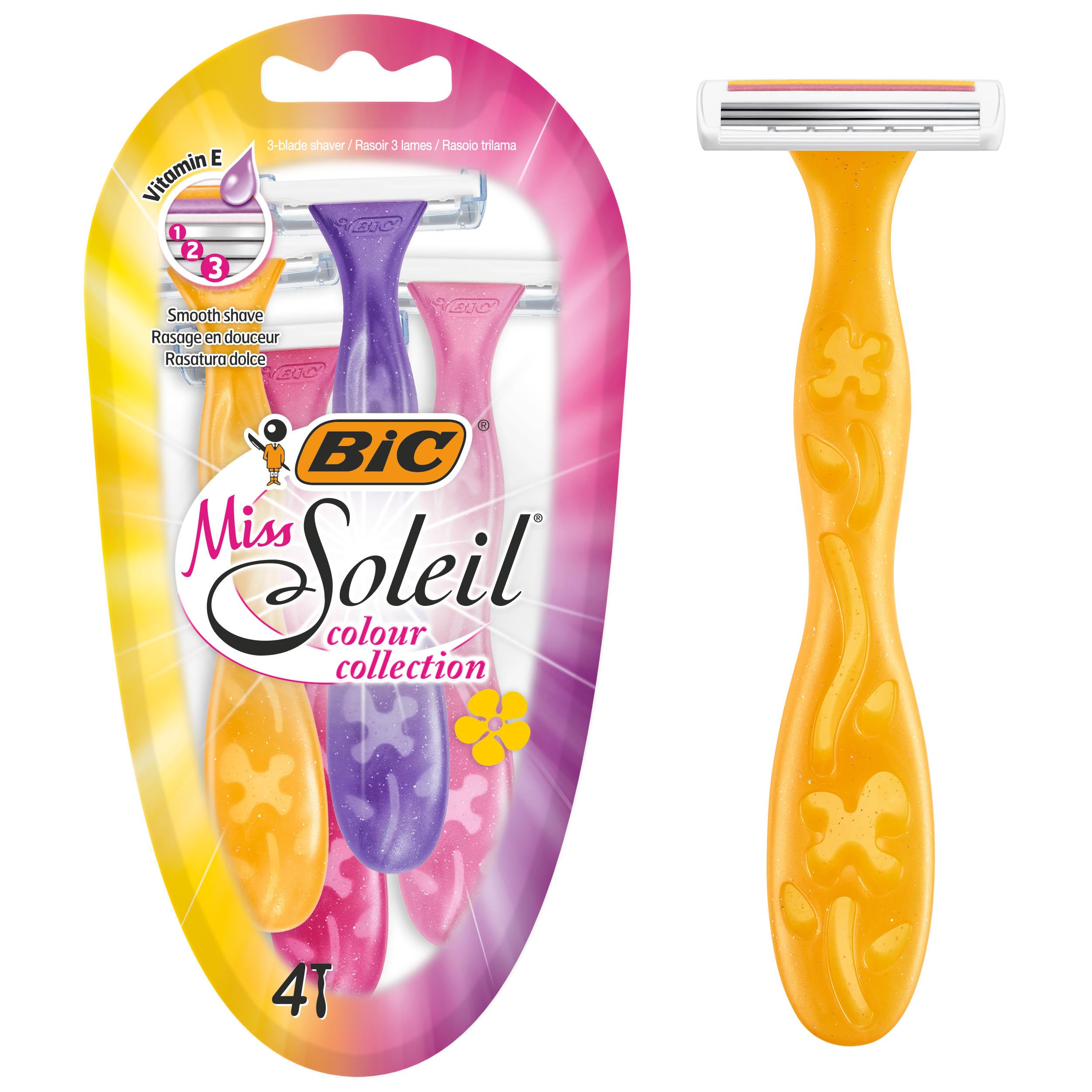 BIC Miss Soleil Colour Collection Razors Women - Colour Collection Triple Blade Disposable Womens Razors with Engraved Flower Handles - Pack of 4