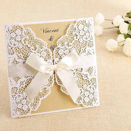 Amazon Co Jp Geniusbuy 最高な結婚 結婚式 ウエディング用 招待状 席札 グリーティングカード メッセージカード ロマンチックな透け彫りデザイン 手紙 便箋 リボンと封筒付 10名分 車 バイク