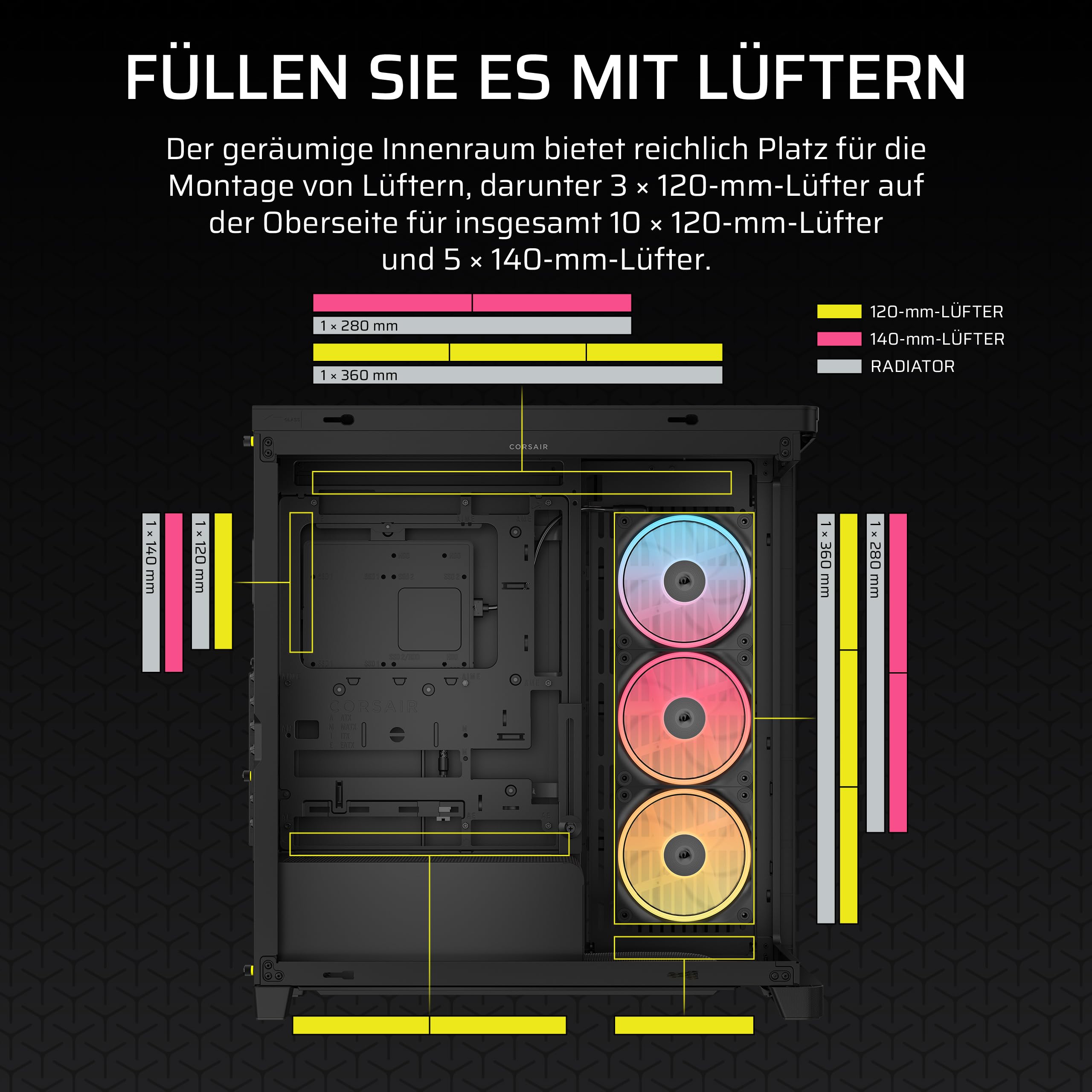 CORSAIR Frame 4500X LX-R RGB LINK Panoramaglas Mid-Tower-PC-Gehäuse – InfiniRail Lüftermontagesystem, Passend für Zwei 360 mm Radiatoren, GPU Anti-Sag, Enthält 3X LX120R RGB LINK Lüfter – Schwarz 7