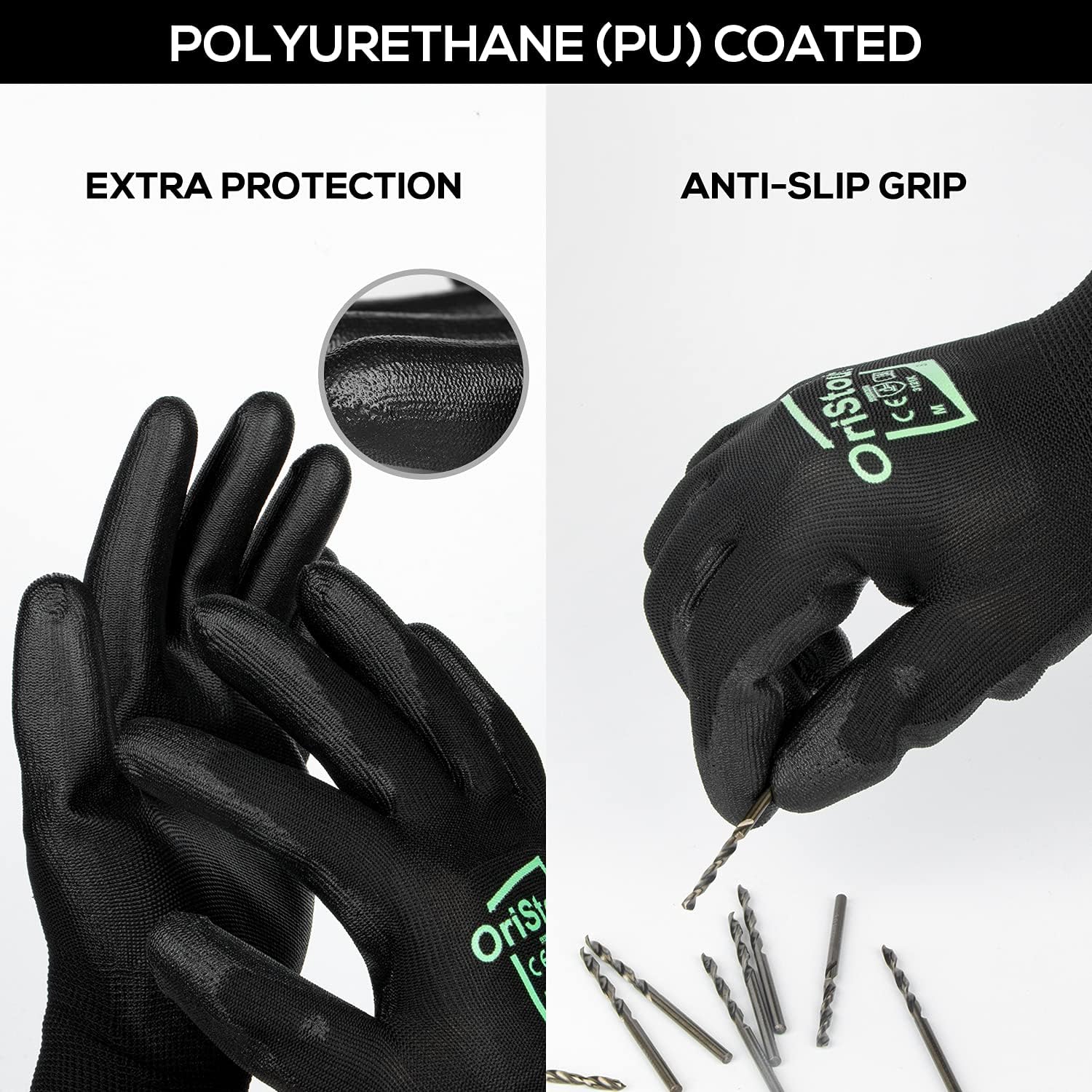 OriStout Safety Work Gloves with Grip (12-Pairs Bulk Pack, Size L/9), Polyurethane(PU) Coated Black Working Gloves for Warehouse, Gardening, Construction, Mechanic, DIY, Yard Work, Large: Clothing