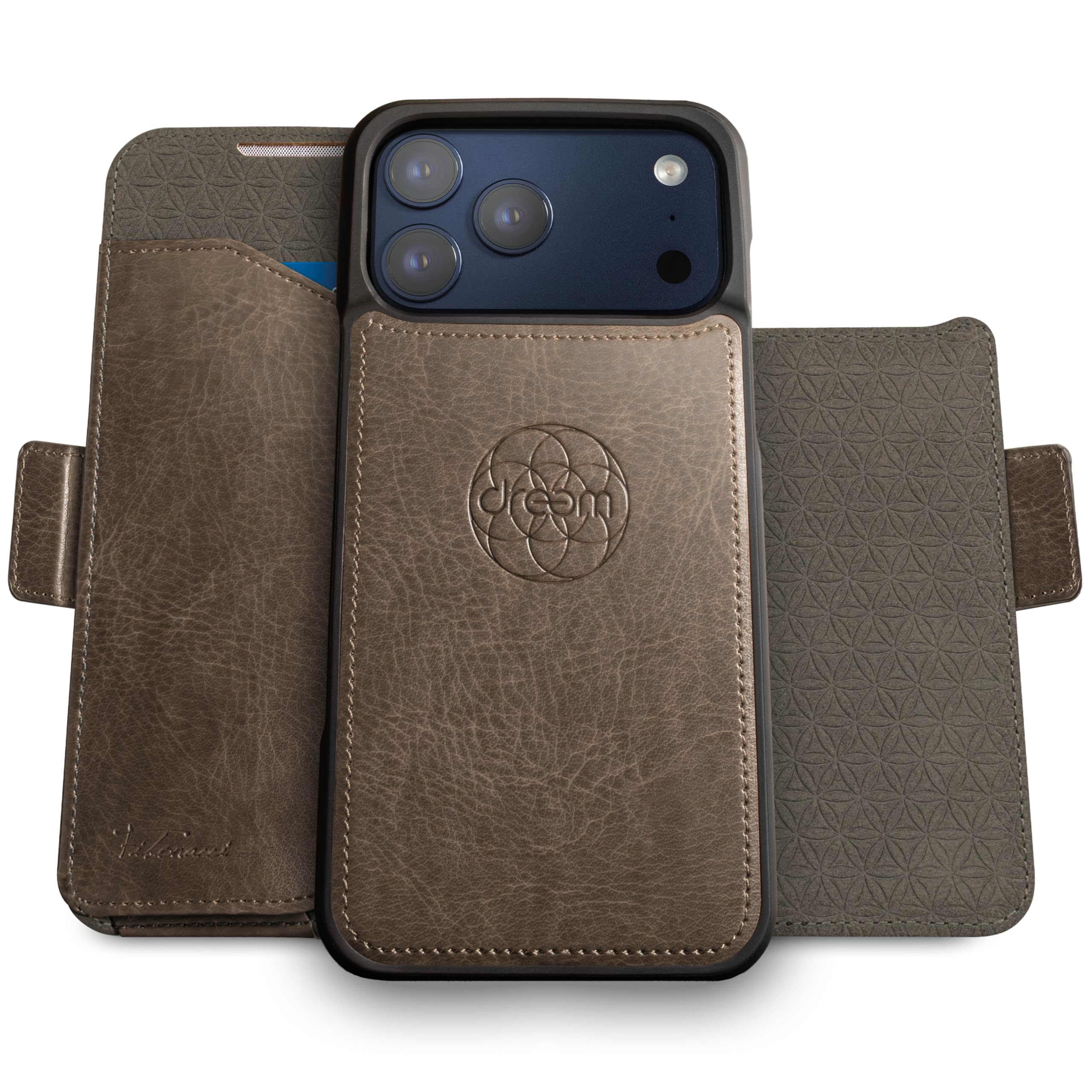 Dreem Wallet Case for iPhone 17 Pro Max, Revolutionary Vert/Hor Phone Stand, Magnetic Detachable Vegan Leather Flip Cover RFID Blocking Card Holder, MagSafe-Fit, Gift Box [Fibonacci: Smoky Grey] Image