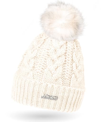 Neverless Damen Strick-Mütze gefüttert mit Fell-Bommel, Kunstfell, Winter-Mütze, Bommelmütze