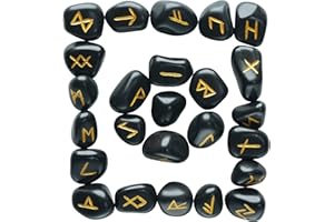 Crocon Black Tourmaline Tumble Shape Gemstone Runes Stones with Elder Futhark Alphabet Engraved 25 pcs Runes Set Crystal Divination Healing Chakra Reiki with a Pouch Size : 15-20 mm