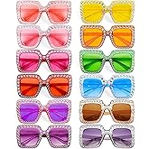 Pibupibu 12/24 Pack Fun Oversized Square Crystal Sunglasses for Women Bulk, Disco Rhinestone Sparkling Glasses Party Favors