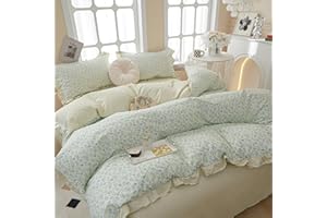 AMZTOP Chic Green Ruffle Bluebell Twin 100% Cotton Duvet Cover, Teen Girls Vintage Comforter Cover with Zipper Closure, 3Pcs Fresh Floral Aesthetic Bedding Sets 68"x86" No Comforter