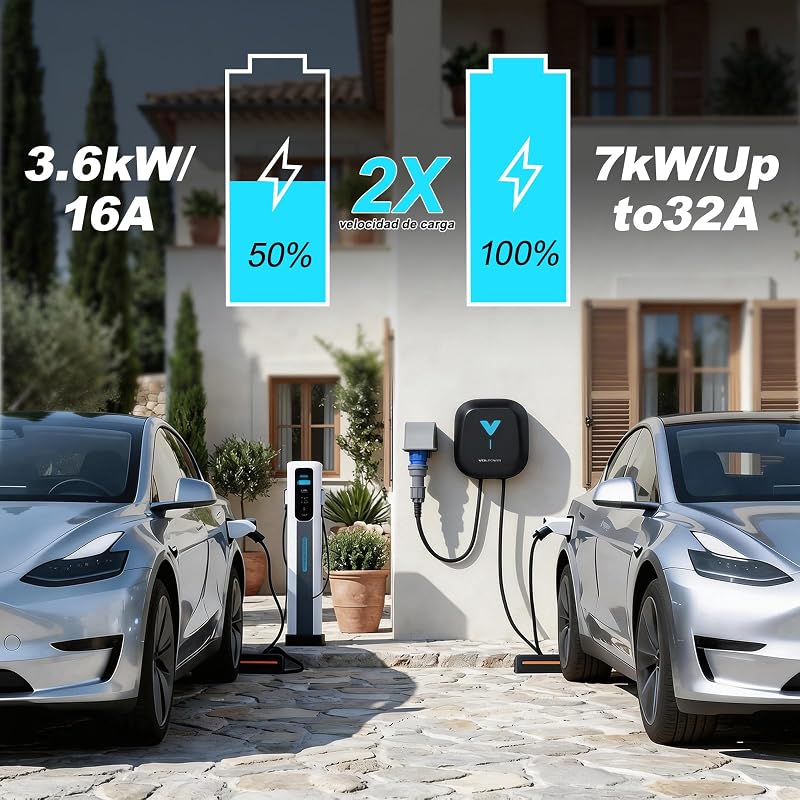 Wallbox 7.4kW mit APP, Typ 2 Ladekabel, 1-Phase 6-32A EV-Ladegerät, 6m Kabel mit Kabelhalter, RCD Typ A & IP67, Ladestation mit WLAN & Bluetooth, für Zuhause für BEV PHEV