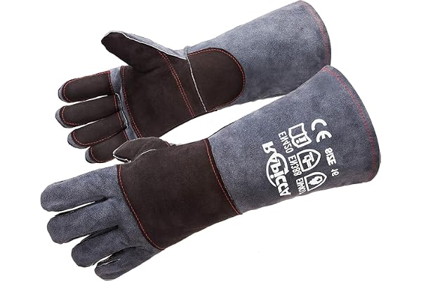 RAPICCA Fireplace Fire Pit Gloves, 932°F Fireproof Leather, 16in Dark Grey | For Wood Stove, Campfire, Charcoal, Cast Iron, B