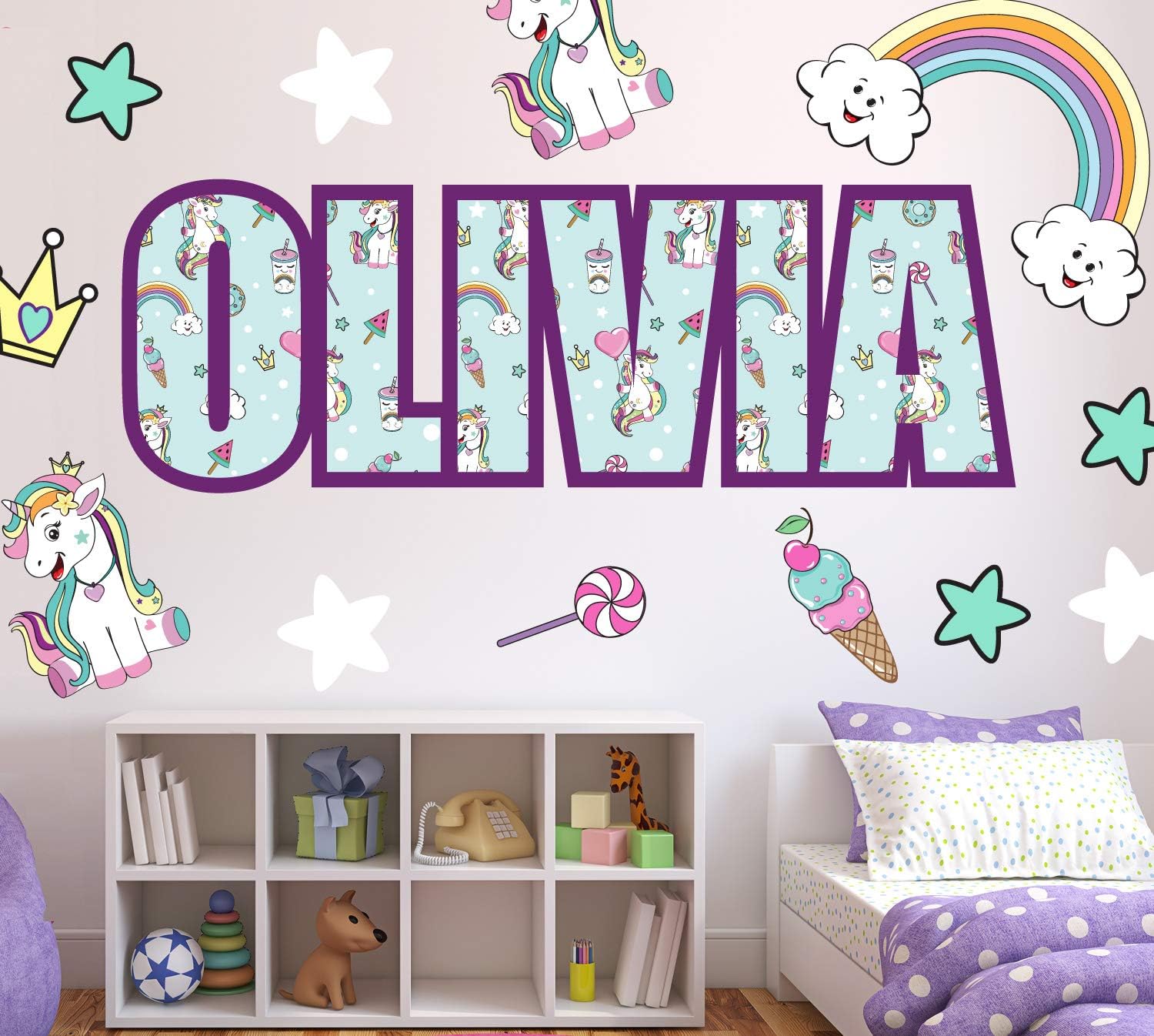 Childrens Name Wall Stickers for Bedroom - Boys/Girls/Kids Premium Wall Art Decal Personalised Gift Any Name Printed - Unicorn Design X Large Size
