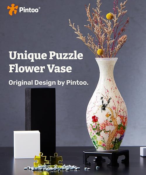 PINTOO 3D PUZZLE VASE UNIQUE FLOWER VASE MADE BY 160 CURVED PLASTIC PUZZLE PIECES HOUSE WARMING GIFT FOR FLOWER ARRANGEMENTS AND HOME DECORATION – [S1035] (TRANSLUCENT, FLOWERS AND BIRDS)