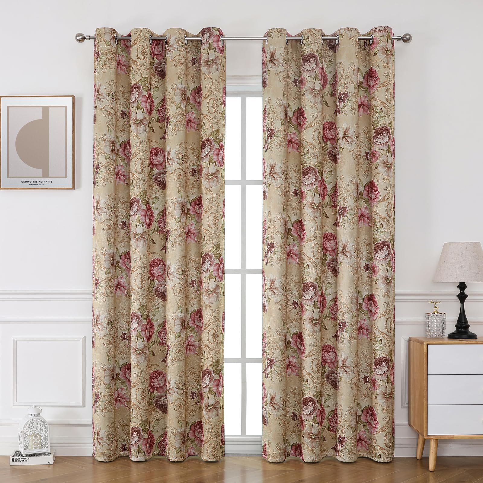 BUHUA Set of 2 Opaque Curtains with Flowers, Vintage Curtain, Rural Curtains, Eyelet Curtain, Elegant Blackout Curtain for Bedroom, Living Room, H 225 x W 132 cm, Pink Beige