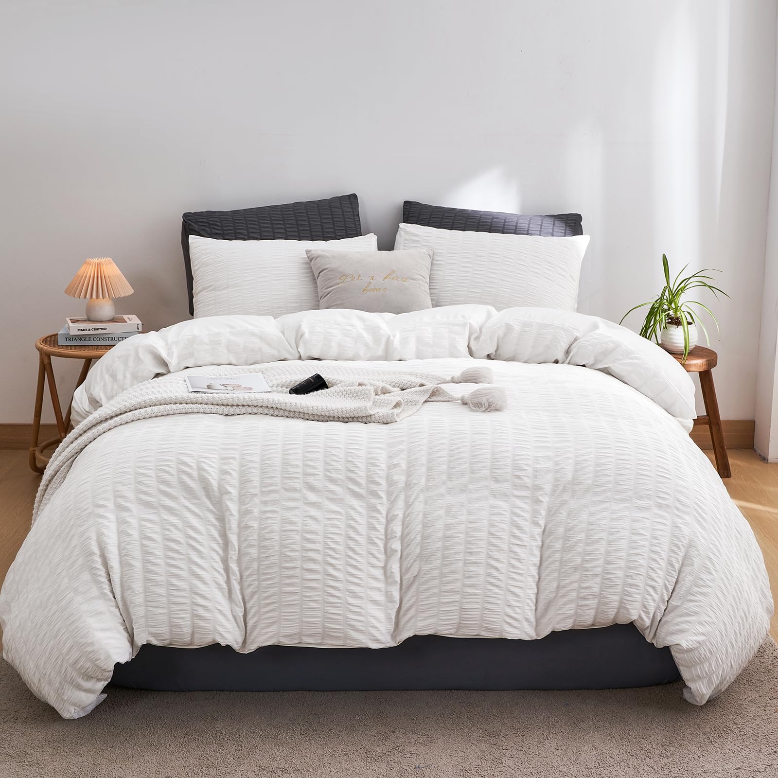 DuShow White King Size Duvet Cover Set, Textured Seersucker Duvet Cover with 2 Pillowcases, Soft Breathable Bedding Set With Zipper - 220×230cm