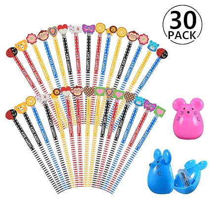 30 X Crayons De Bois Dessin 2 X Taille Crayon Kawaii Rymall Crayon A Papier Fantaisie De Dureté De Hb Crayons Papier Avec Gomme Animaux Pour Les