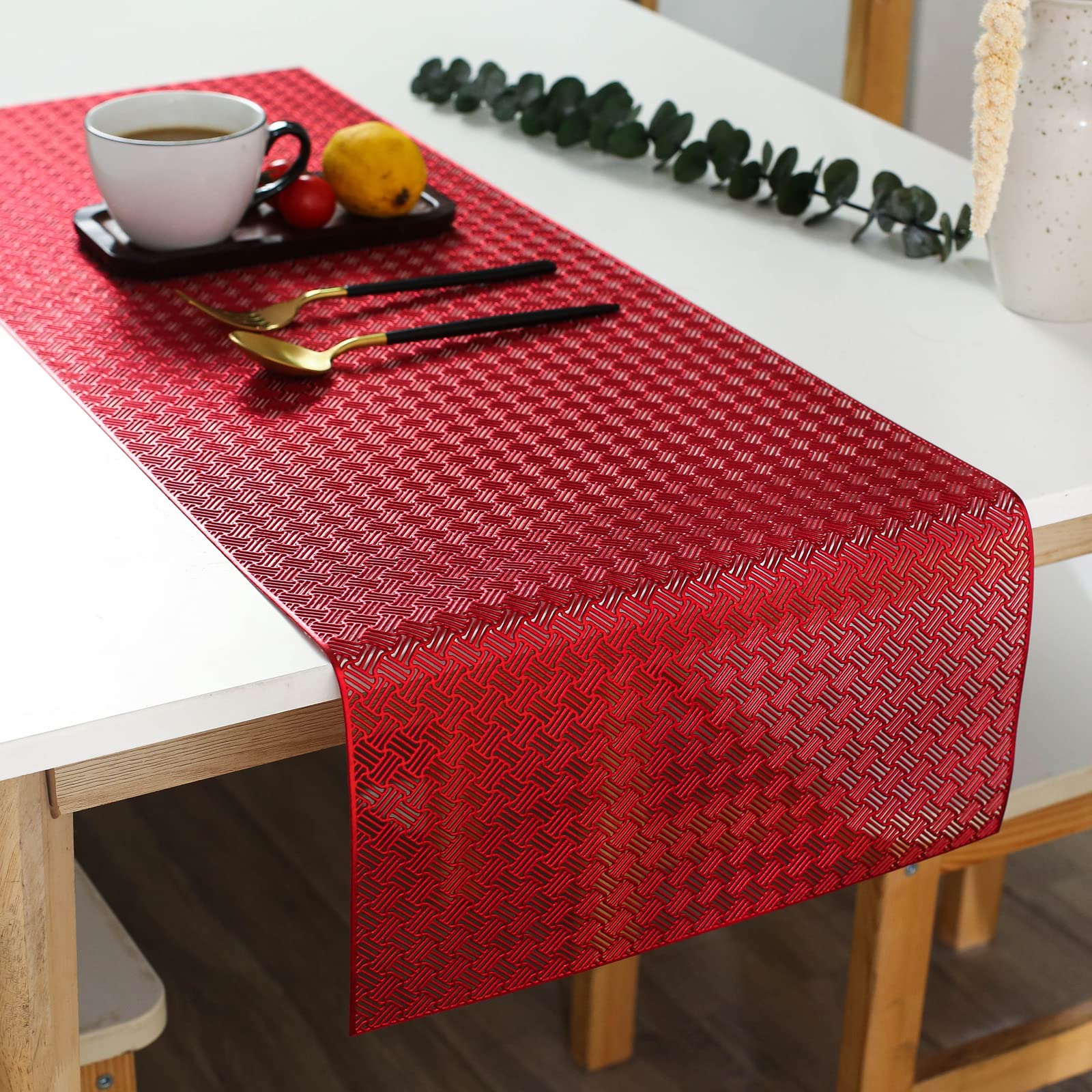Hosoncovy Hollow Table Runner Non-slip Decorative PVC Table Mats Placemat Heat Resistant Mats for Home Party Kitchen Dining Wedding Decor (92CM X 33CM) (Red)