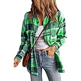 HERILIOS Womens Casual Flannel Plaid Shirts Oversized Lightweight Fall Shirt Coat Long Sleeve Button Down Shirts Blouse Tops