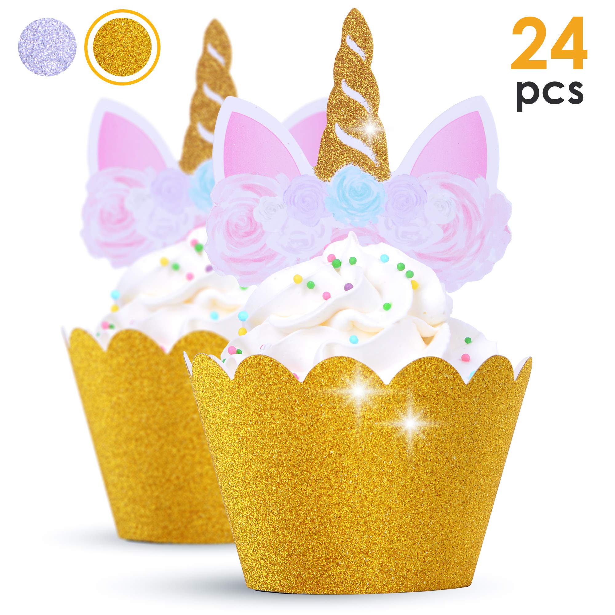 GET FRESHUnicorn Cupcake Toppers Gold Set – 24 pcs Magical Unicorn Birthday Cupcake Decorations Kit – Gold Glittery Unicorn Cupcake Picks – Double Sided Unicorn Horn Cupcake Toppers and Wrappers
