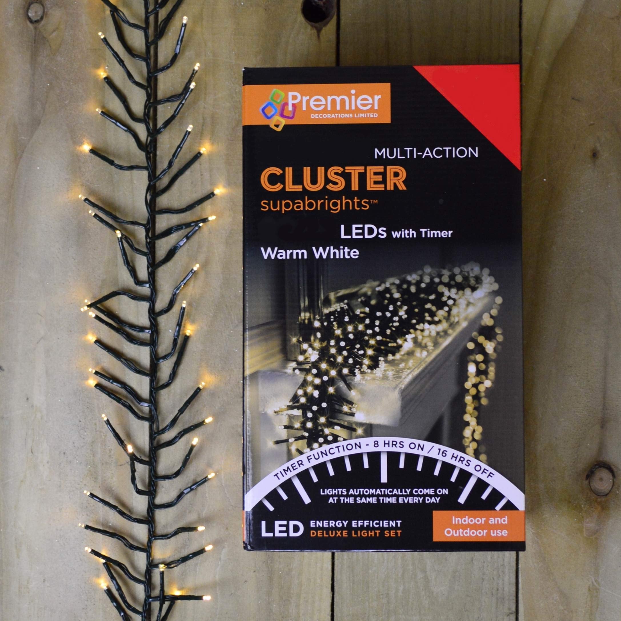 Premier Decorations 480 Multi Action Indoor & Outdoor Christmas Cluster LED Lights with Timer - Warm White