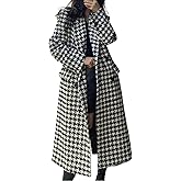 chouyatou Women's Houndstooth Wool Trench Coat Notch Lapel Maxi Long Overcoat Double Breasted Peacoat